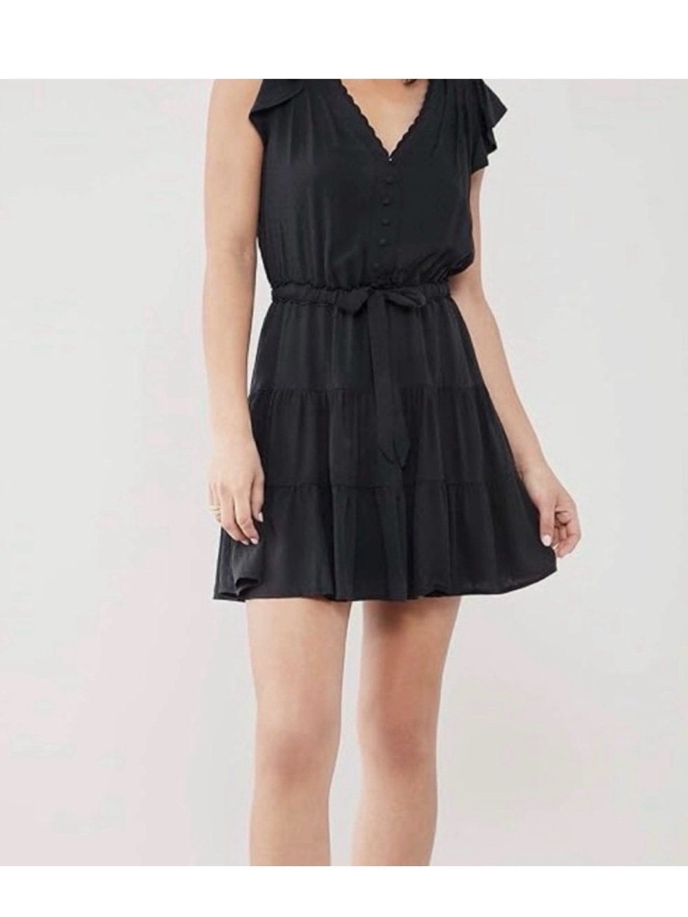 PAIGE Black Tiered V-Neck Tie-Waist Mini Dress